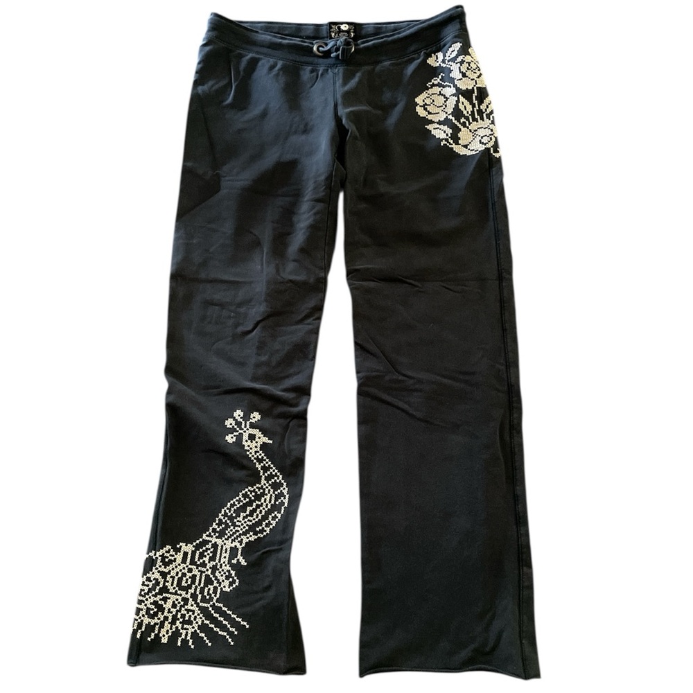 Lucky Brand Y2K charcoal Gray-Black pants with cream stitched embroidery
